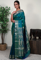 Peacock Blue Baluchari Silk Saree with Blouse Piece