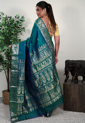 Peacock Blue Baluchari Silk Saree with Blouse Piece