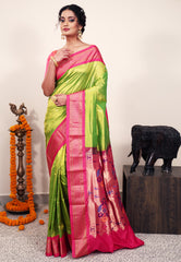 Parrot Green with Rani Pink Border Paithani Silk Saree With Blouse Piece
