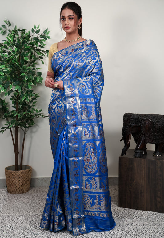 Feroza Blue Brocade Baluchari Silk Saree with Blouse Piece