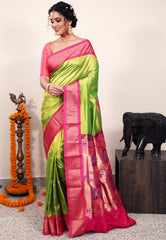 Parrot Green with Rani Pink Border Paithani Silk Saree With Blouse Piece