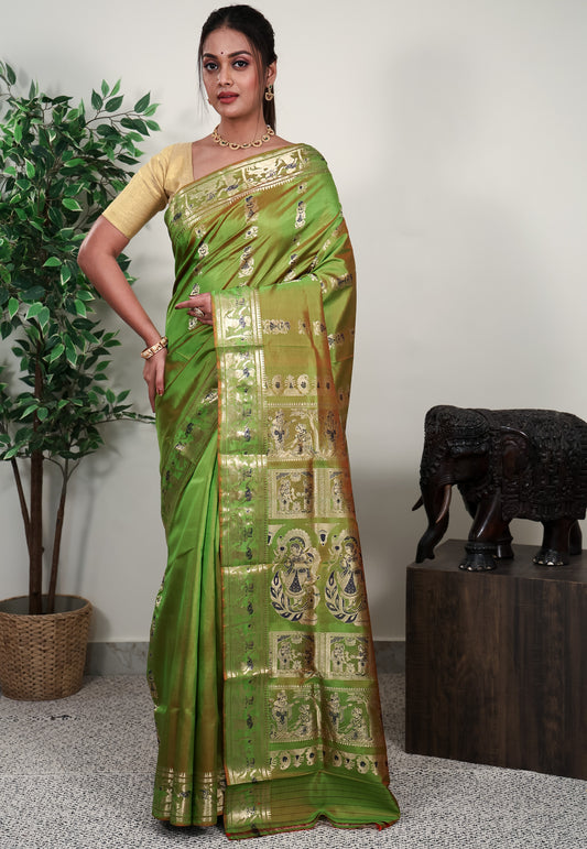 Cross Parrot Green Baluchari Silk Saree with Blouse Piece