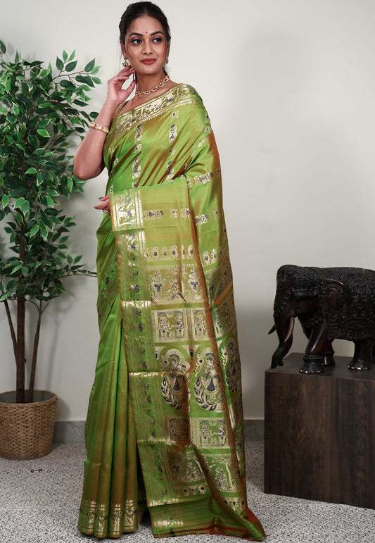 Cross Parrot Green Baluchari Silk Saree with Blouse Piece