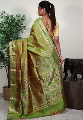 Cross Parrot Green Baluchari Silk Saree with Blouse Piece