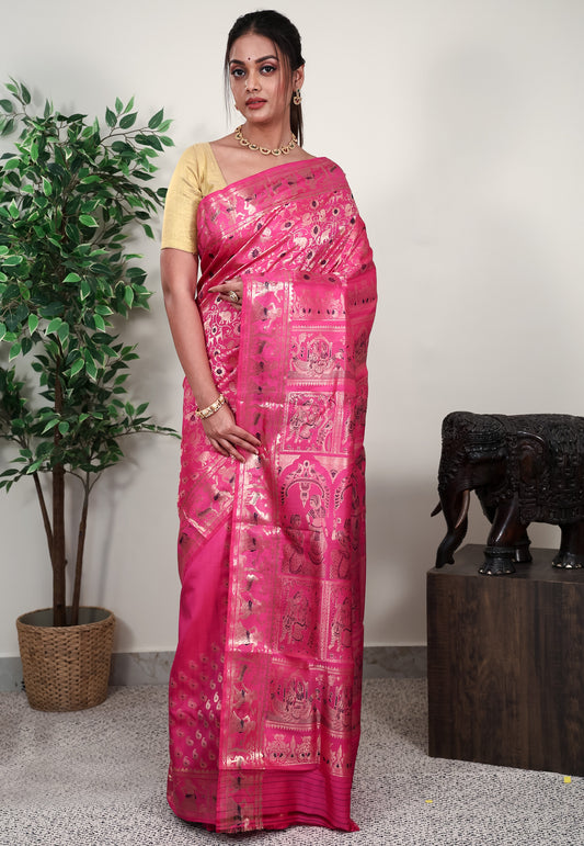 Pink Brocade Baluchari Silk Saree with Blouse Piece