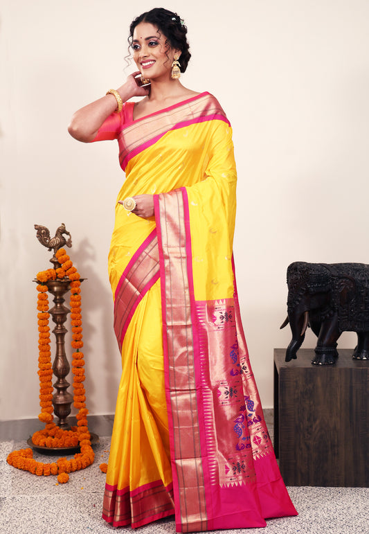 Yellow with Rani Pink Border Paithani Pure Silk Saree With Blouse Piece