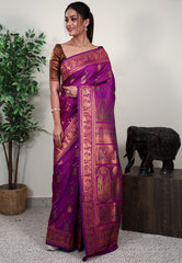 Magenta Baluchari Silk Saree with Blouse Piece