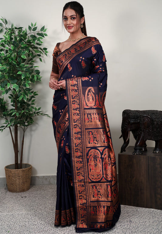 Navy Blue Baluchari Silk Saree with Blouse Piece