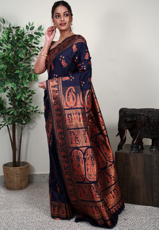 Navy Blue Baluchari Silk Saree with Blouse Piece