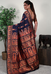 Navy Blue Baluchari Silk Saree with Blouse Piece