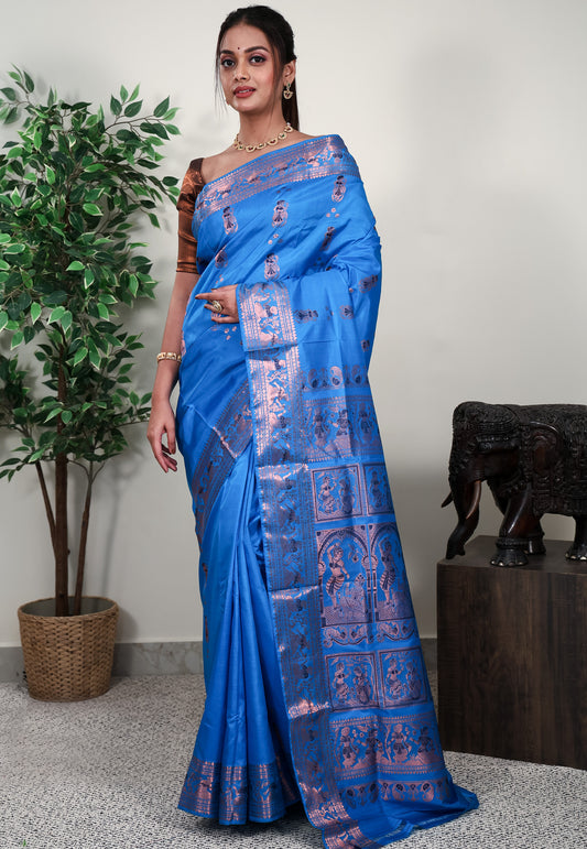 Feroza Blue Baluchari Pure Silk Saree with Blouse Piece