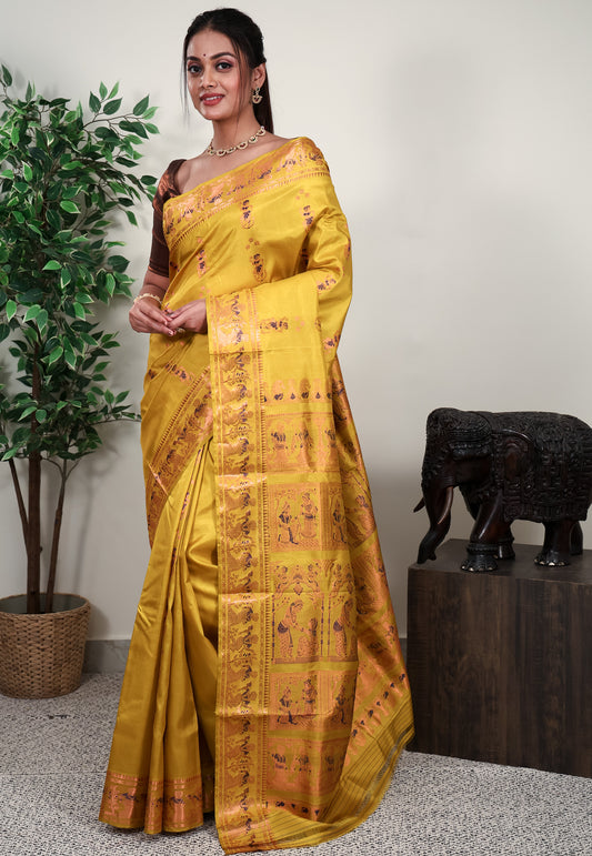 Yellow Baluchari Silk Saree with Blouse Piece