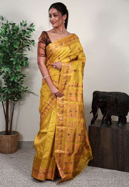 Yellow Baluchari Silk Saree with Blouse Piece