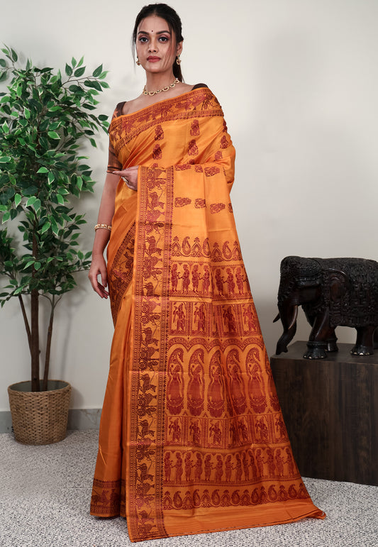 Mustard Yellow Baluchari Pure Silk Saree with Blouse Piece