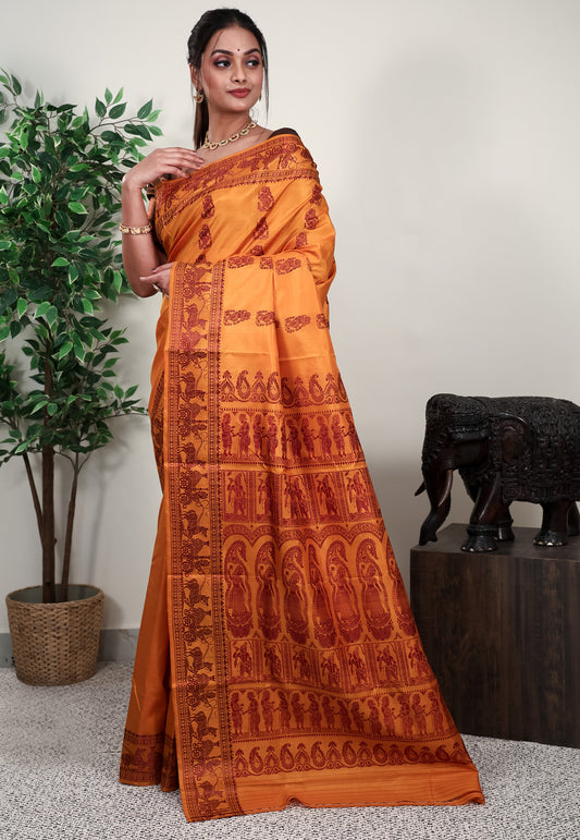 Mustard Yellow Baluchari Pure Silk Saree with Blouse Piece