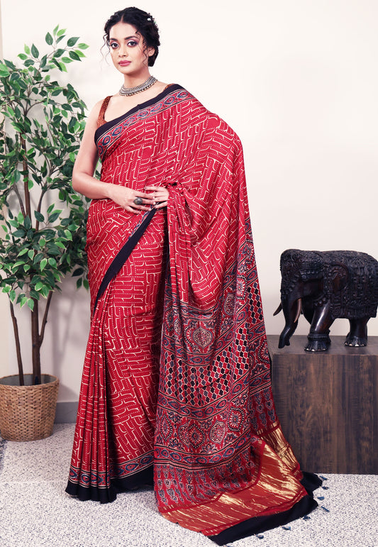 Maroon Ajrakh print in Modal Silk Saree With Blouse Piece