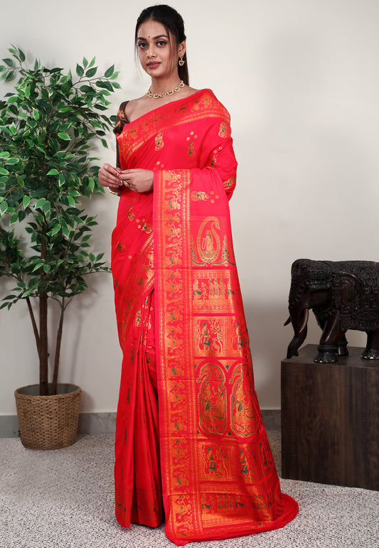 Red Baluchari Silk Saree with Blouse Piece