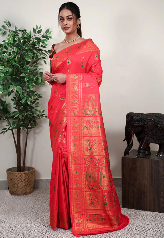 Red Baluchari Silk Saree with Blouse Piece