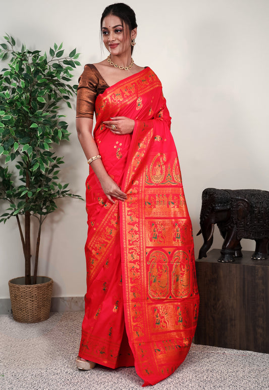 Red Baluchari Silk Saree with Blouse Piece