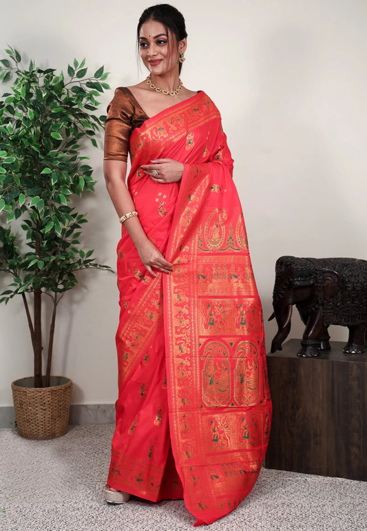 Red Baluchari Silk Saree with Blouse Piece