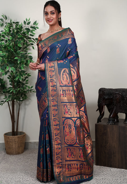 Peacock Blue Baluchari Silk Saree with Blouse Piece