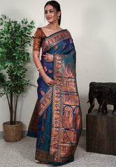 Peacock Blue Baluchari Silk Saree with Blouse Piece