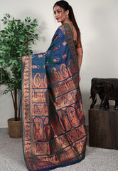 Peacock Blue Baluchari Silk Saree with Blouse Piece