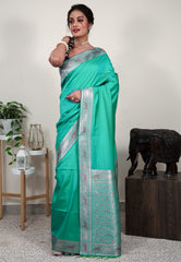 Dual shades of Blue and Green Mashru Silk Saree with Blouse Piece