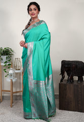 Dual shades of Blue and Green Mashru Silk Saree with Blouse Piece