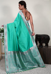 Dual shades of Blue and Green Mashru Silk Saree with Blouse Piece