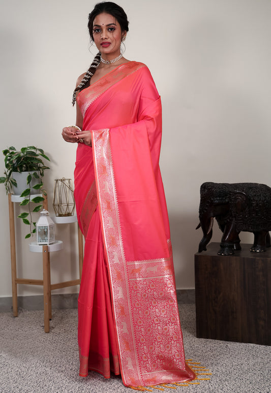 Cross Pink Mashru Silk Saree with Blouse Piece