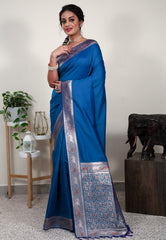 Peacock Blue Mashru Katan Silk Saree with Blouse Piece