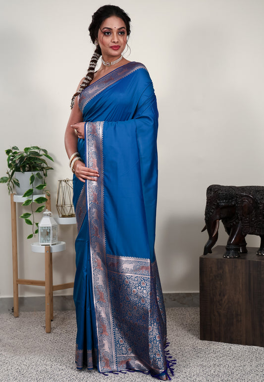 Peacock Blue Mashru Katan Silk Saree with Blouse Piece