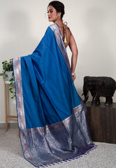 Peacock Blue Mashru Katan Silk Saree with Blouse Piece