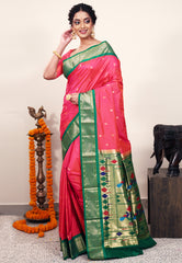 Cross Rani Pink with Bottle Green Border Paithani Silk Saree With Blouse Piece