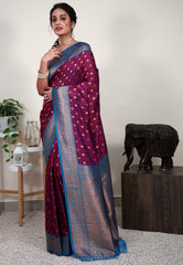 Magenta with Feroza Blue Border Mashru Silk Saree with Blouse Piece