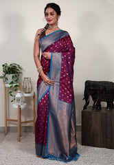 Magenta with Feroza Blue Border Mashru Silk Saree with Blouse Piece