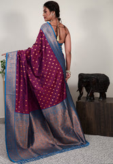 Magenta with Feroza Blue Border Mashru Silk Saree with Blouse Piece