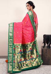 Cross Rani Pink with Bottle Green Border Paithani Silk Saree With Blouse Piece