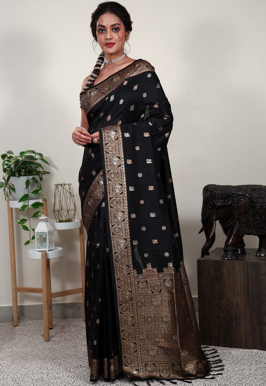 Balck Tussar Silk Saree with Blouse Piece