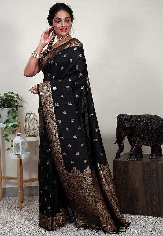 Balck Tussar Silk Saree with Blouse Piece