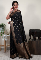 Balck Tussar Silk Saree with Blouse Piece