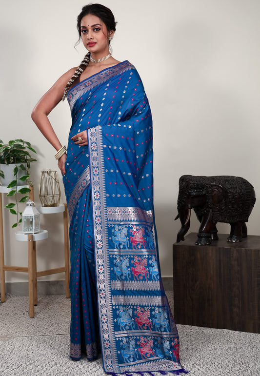 Royal Blue Minakari Mashru Silk Saree with Blouse Piece