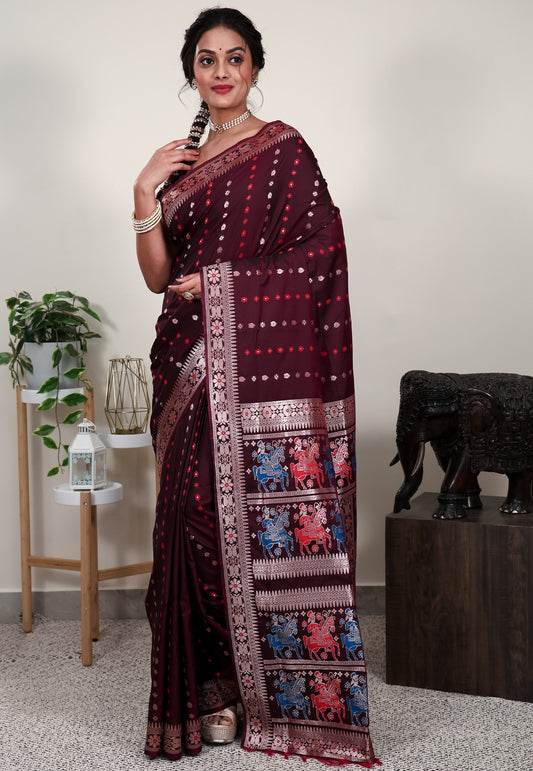 Maroon Minakari Mashru Silk Saree with Blouse Piece