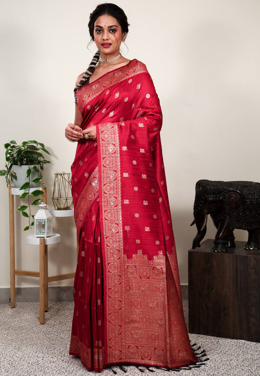 Red Tussar  Silk Saree with Blouse Piece