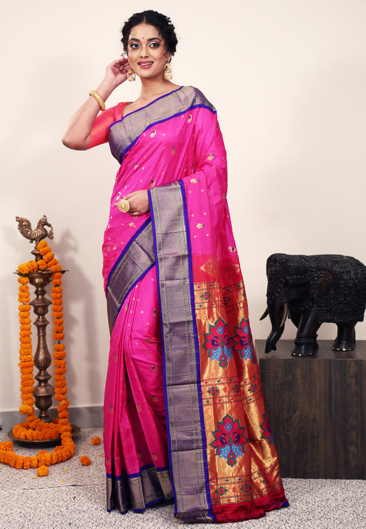 Rani Pink with Purple Border Paithani Silk Saree With Blouse Piece
