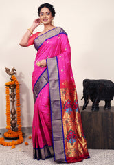 Rani Pink with Purple Border Paithani Silk Saree With Blouse Piece