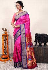 Rani Pink with Purple Border Paithani Silk Saree With Blouse Piece