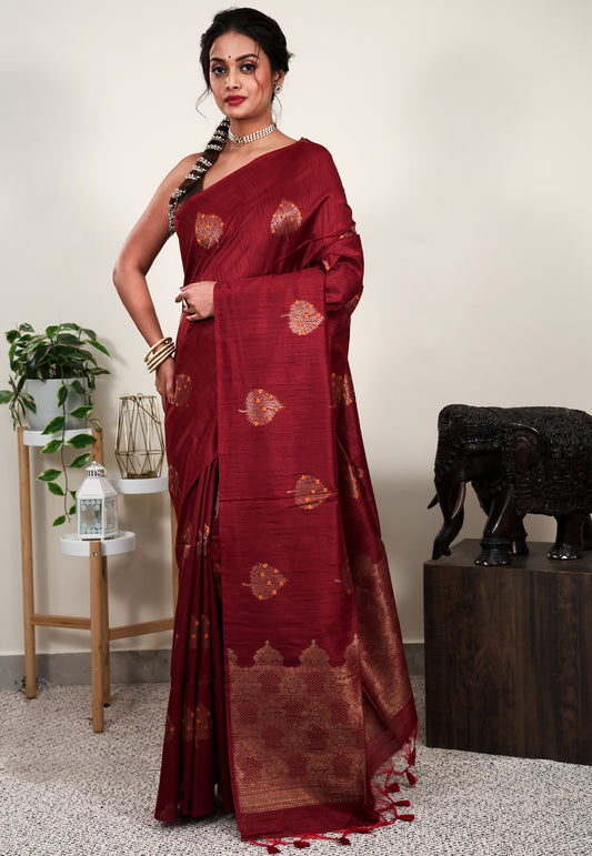 Maroon Tussar  Silk Saree with Blouse Piece