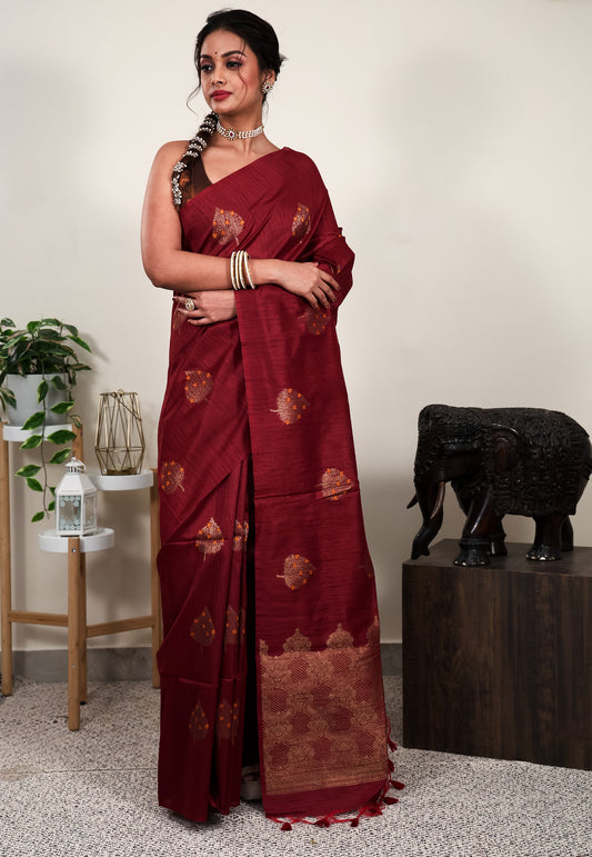 Maroon Tussar  Silk Saree with Blouse Piece